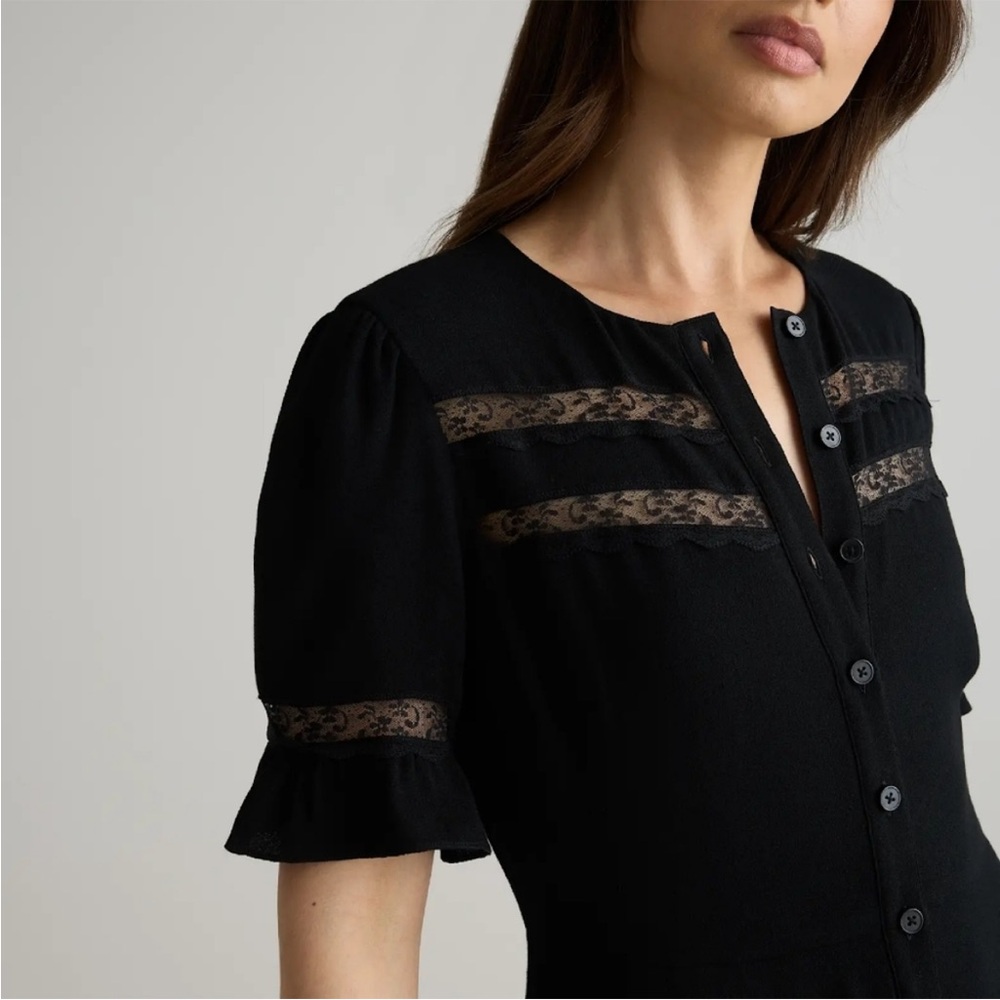 Quince Women Lightweight Crepe Lace Inset Midi Dress Black - Sz Large NWT - Picture 3 of 14